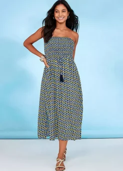 Detachable Straps Blue Zig Zag Shirred Beach Dress