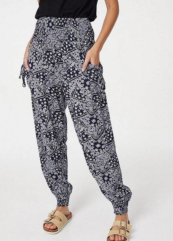 Izabel London Navy Patchwork Print Harem Pants