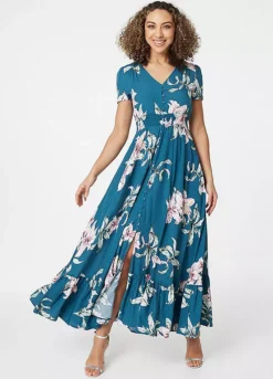 Izabel London Teal Floral Fit & Flare Maxi Dress