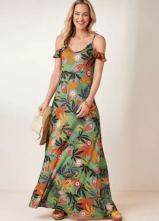 Kaleidoscope Green Tropical Cold Shoulder Maxi Dress - Image 3