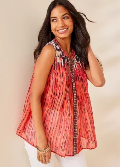 Kaleidoscope Sleeveless Orange Printed Pintuck Blouse